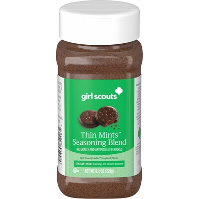 Girl Scout Thin Mints™ Seasoning Blend is a delicious new seasoning blend that is made up of dark cocoa, mint flavor, and fine cookie crumbles that combine to perfectly emulate the flavor of the popular Thin Mints® cookie.
