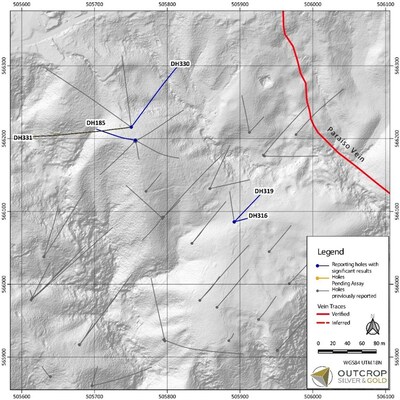 Map 1. Megapozo target area with drill hole traces along the Paraiso vein. (CNW Group/Outcrop Silver & Gold Corporation)