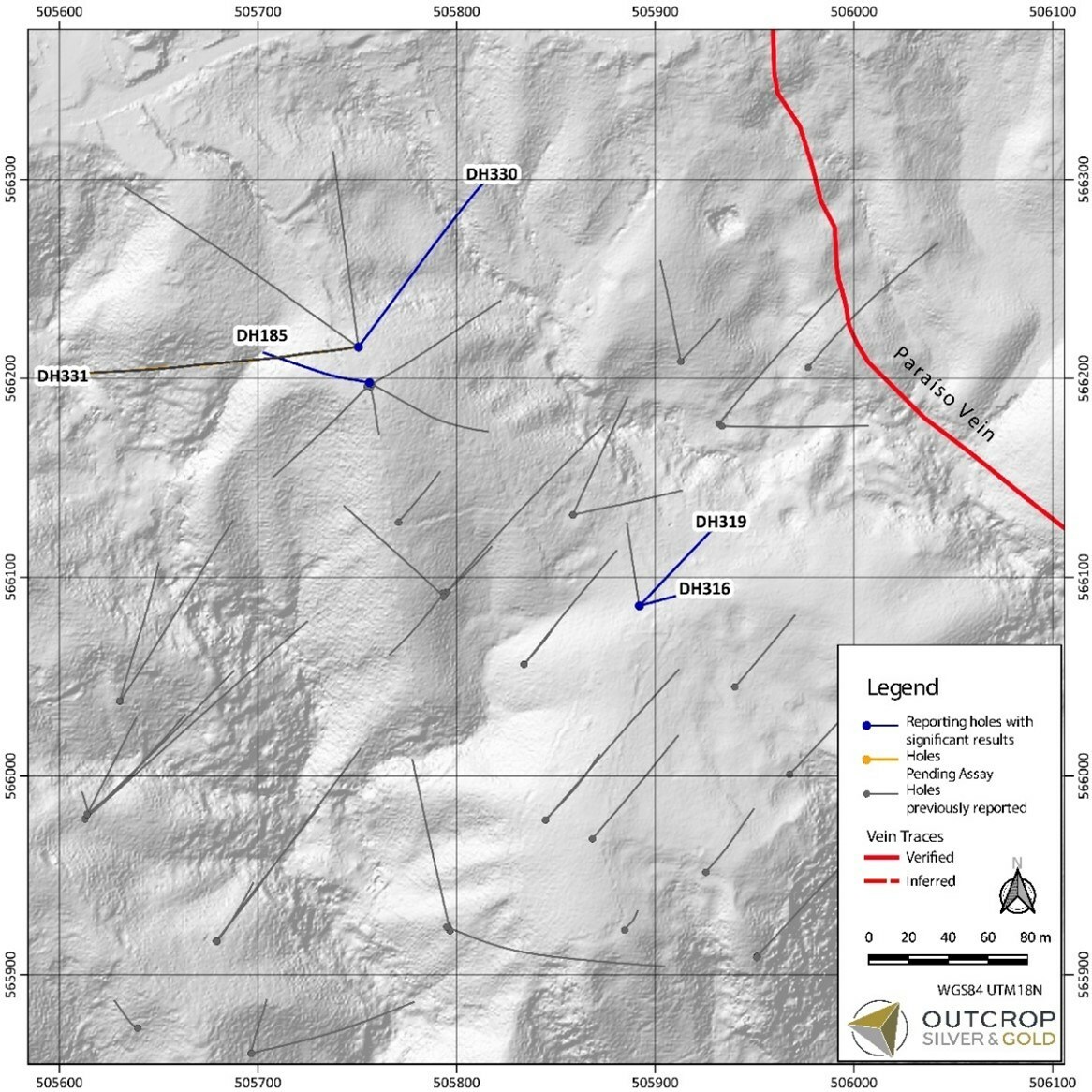 Map 1. Megapozo target area with drill hole traces along the Paraiso vein. (CNW Group/Outcrop Silver & Gold Corporation) Map 1. Megapozo target area with drill hole traces along the Paraiso vein. (CNW Group/Outcrop Silver & Gold Corporation)