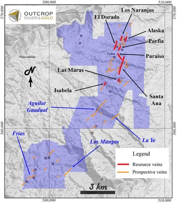 Map 2. Location of the Paraiso vein relative to "resource veins" and prospective veins. (CNW Group/Outcrop Silver & Gold Corporation)