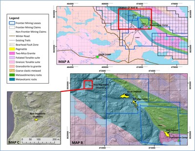 Figure 2: Location Map showing Spark deposit, Bolt pegmatite and new pegmatite discovery north of Spark deposit (CNW Group/Frontier Lithium Inc.)