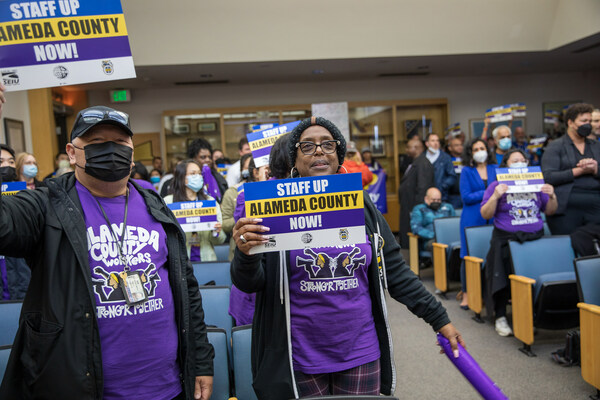 Alameda County workers and union members march on the Alameda County Board of Supervisors to demand solutions to the understaffing crisis.