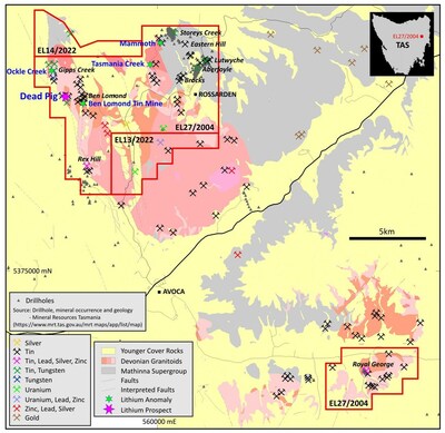 Figure 2: Location plan showing lithium prospect and anomalies on tenement EL27/2004 (CNW Group/TinOne Resources Corp.)