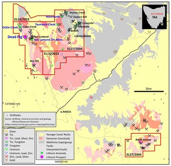 Figure 2:  Location plan showing lithium prospect and anomalies on tenement EL27/2004 (CNW Group/TinOne Resources Corp.)