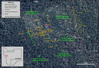 Figure 3: Location of samples with high lithium in the Dead Pig – Guinea Pig area, also showing old prospecting workings identified by field mapping and from LiDAR. The zone of elevated lithium (>0.20% Li2O) is constrained geologically on the western side, however remains open in all other directions. (CNW Group/TinOne Resources Corp.)