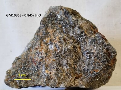 Figure 4: Photographs of lithium-bearing rocks from this round of sampling. GM10333 – the right half of the sample is predominantly fine-grained zinnwaldite with coarser quartz and topaz. The left half shows medium to coarse grained quartz and topaz with interstitial fine to very fine-grained zinnwaldite. GM10353 – This sample shows domains of coarse-grained quartz and topaz and domains of fine grained zinnwaldite, quartz and topaz. GM10349 – This sample is comprised of a relatively homogenous distribution of coarse-grained quartz, topaz and zinnwaldite. GM10358 – This is a fine to medium-grained rock with a homogeneous distribution of quartz, topaz and zinnwaldite. Note that these photos are not intended to be representative of broader mineralization on the Project. (CNW Group/TinOne Resources Corp.)