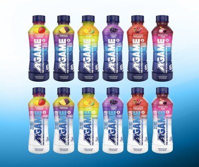 A-GAME Beverages product line up - Strawberry Lemonade, Tropical, Citrus, Concord grape, Black Cherry Pomegranate, and Dragon Fruit Plum - in regular and zero sugar varieties.