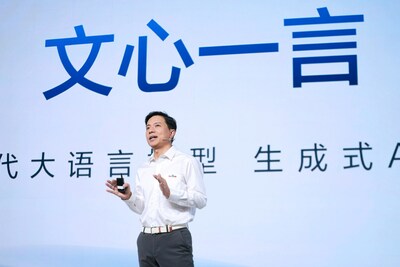Robin Li, Co-founder, Chairman and CEO of Baidu delivers speech and presents demos at the ERNIE Bot press conference.