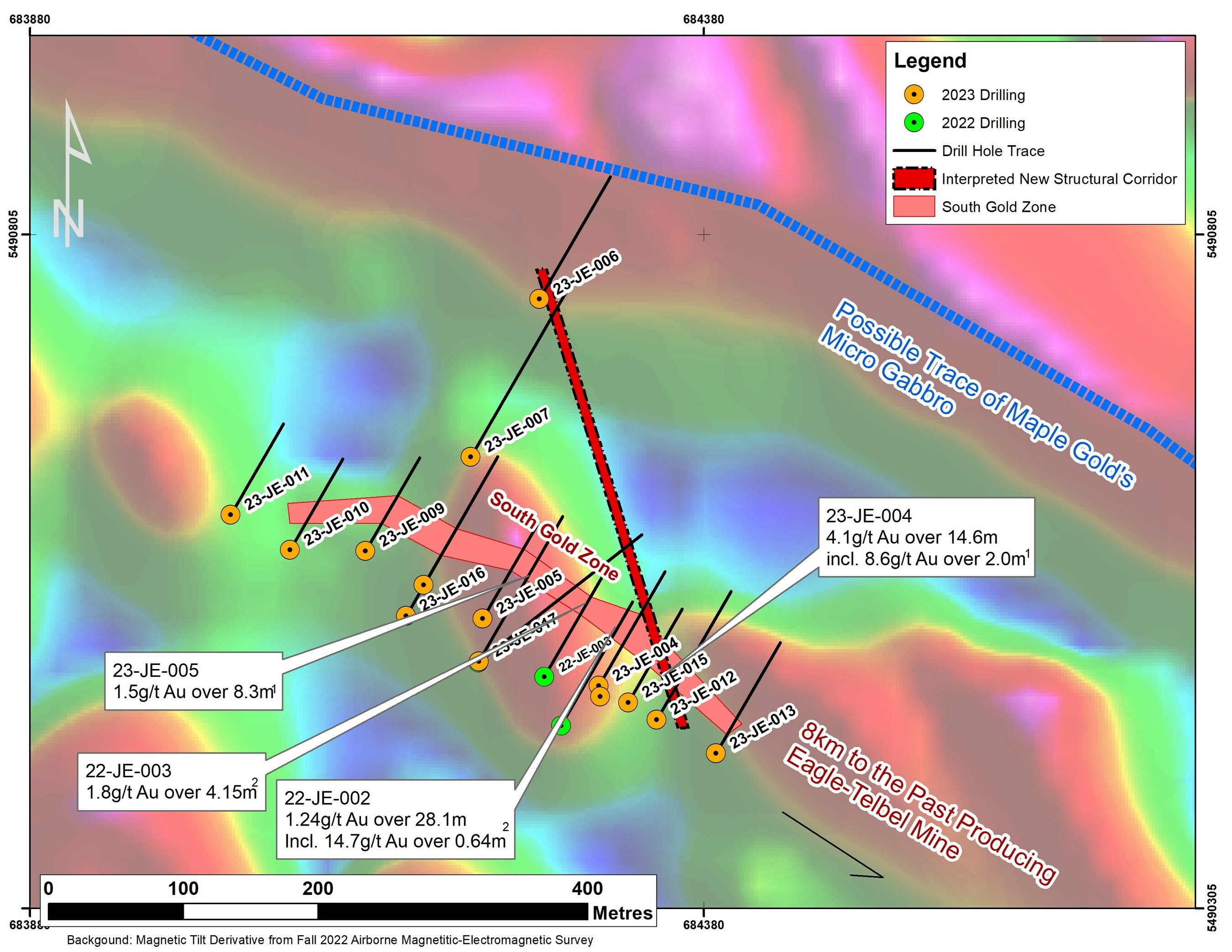 Figure 1: Map of the Joutel Eagle South Gold Zone Showing New Results and Completed Drilling. Note that all drilling intervals are down-hole lengths. True thicknesses cannot be estimated with available information. Information on adjacent properties is not necessarily indicative of the potential on Orford's Joutel Eagle Property(1,2) (CNW Group/Orford Mining Corporation) Figure 1: Map of the Joutel Eagle South Gold Zone Showing New Results and Completed Drilling. Note that all drilling intervals are down-hole lengths. True thicknesses cannot be estimated with available information. Information on adjacent properties is not necessarily indicative of the potential on Orford's Joutel Eagle Property(1,2) (CNW Group/Orford Mining Corporation)