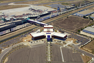 Aerial view of the Tijuana International Airport, Baja California, Mexico and the international border connection to the Cross Border Xpress (CBX).