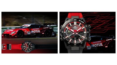 Entire watch features a two-tone shift from red to black / Graphic pattern interlacing with 