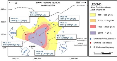 Figure 2: Longitudinal section of the La Luisa Vein. The section is inclined along the dip of the structure. (CNW Group/Vizsla Silver Corp.)