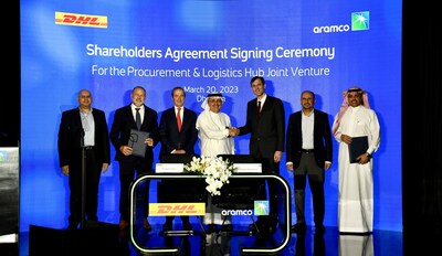 From left, Aramco Acting Executive Vice President of Strategy & Corporate Development Ashraf A. Al Ghazzawi, DHL Supply Chain Europe, Middle East and Africa CEO Hendrik Venter, DHL Supply Chain CEO Oscar de Bok, Aramco President & CEO Amin H. Nasser, Deutsche Post DHL Group CEO-designate Tobias Meyer, Aramco Executive Vice President of Technical Services Ahmad A. Al Sa'adi, and Aramco Senior Vice President of Procurement and Supply Chain Management Mohammad A. Al Shammary