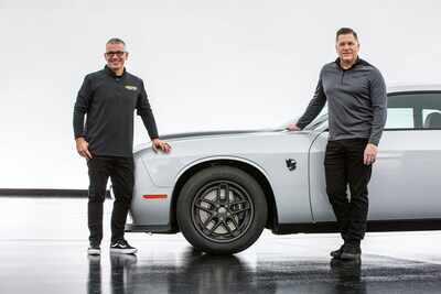 Dominick Montouri (left), President of Mickey Thompson and Tim Kuniskis (right), Dodge brand CEO, Stellantis, pose with the new 2023 Dodge Challenger SRT Demon 170. A relationship born at the dragstrip, the two companies began development on a modified version on Mickey Thompson's popular ET Street R P315/50R17 months prior to the Challenger SRT Demon 170 project kickoff.