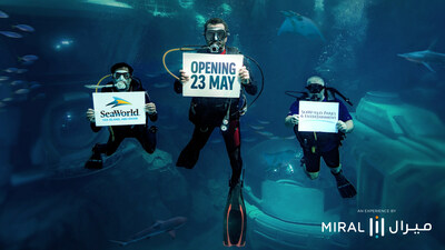 Divers inside the Endless Ocean Realm of SeaWorld Abu Dhabi announcing the Marine Life Theme Park’s opening date