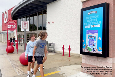 The 75" full motion digital display at a Boston shopping center anchored by a Target is equipped with two cameras for analytics. The partnership between Quantela, Starlite Media, and Digital Alpha, announced on March 23rd will increase the number of displays in shopping locations across the United States.