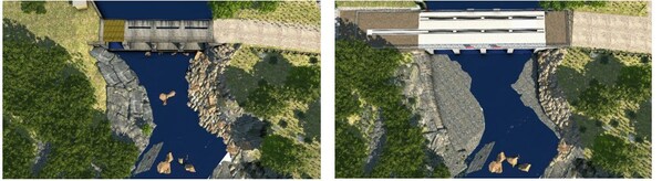 Left image:  Current rendering of the Whites Portage Dam. Originally constructed in 1918, the dam regulates the lake’s water level and outflow into Gloucester Pool. Source: Parks Canada. Right image:  Rendering of the new Whites Portage Dam design, which will replace the existing dam in the same location and orientation. Source: Parks Canada (CNW Group/Parks Canada)