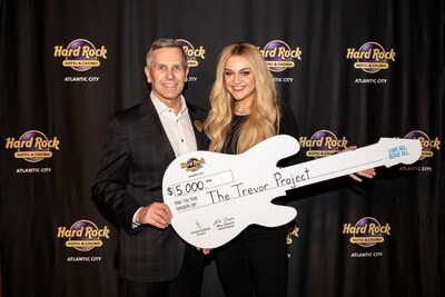 Singer-Songwriter and Mental Health Advocate Kelsea Ballerini, With Hard Rock Hotel & Casino Atlantic City President George Goldhoff, Present a $5,000 Contribution to The Trevor Project
