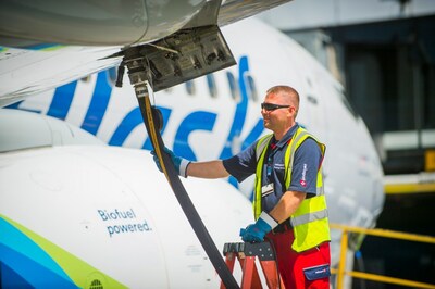 A fueler services an Alaska Airlines aircraft before flight.