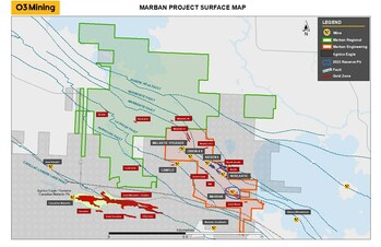 Figure 1: Carte de surface projet Marban (Groupe CNW/O3 Mining Inc.)