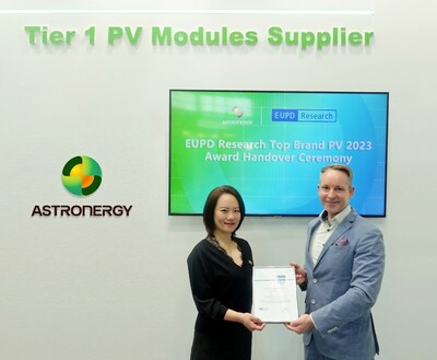 Daniel Fuchs(right), Vice President of EUPD Research,presents TOP Brand PV seal to Isabella Ni (left), Global Marketing Director of Astronergy.