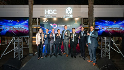 From Left to Right: Petra Wensing, Marketing and Communications Manager of AMS-IX; Cliff Tam, Senior Vice President, Global Data Strategy & Operations, International Business of HGC; Onno Bos, International Partnership Director of AMS-IX ; Andrew Kwok, Chief Executive Officer of HGC; Peter van Burgel, Chief Executive Officer of AMS-IX, Wilson Lee, Head of Regulatory 1 of the Office of the Communications Authority; Arjen van den Berg, Consul General of the Kingdom of the Netherlands in Hong Kong (PRNewsfoto/HGC Global Communications Limited (HGC))