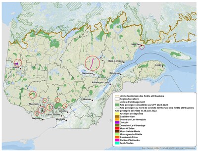Carte de la localisation des aires protges dcrtes en juin 2023 (Groupe CNW/Bureau du forestier en chef)