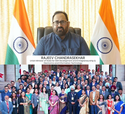 Union Minister of State Shri Rajeev Chandrasekhar addressing the delegates of top Global companies during the 9th Corporate Advisory Board (CAB 2023) Meeting at Chandigarh University. (PRNewsfoto/Chandigarh University)