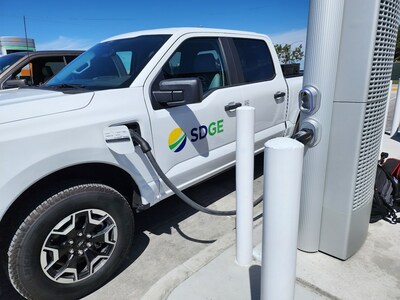 SDG&E F150 truck recharging at EV charging station