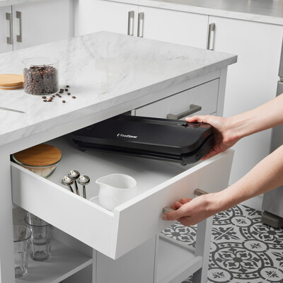 The FoodSaver Space Saving Vacuum Sealer fits in kitchen drawers and stands up vertically to take up minimal counter space.