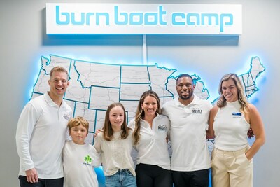 L to R: Devan Kline, Co-founder, Burn Boot Camp joined by Muscular Dystrophy Association family members Preston and Lily, with Morgan Kline, CEO and Co-founder, Burn Boot Camp, with Nyheim Hines, MDA National Spokesperson and Running Back for the Buffalo Bills and Amanda Sweet, Account Director, Muscular Dystrophy Association. The group celebrated the kickoff of the April 2023 ‘Be Their Muscle’ campaign and Burn Boot Camp headquarters in North Carolina.