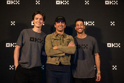 OKX Ambassadors Scotty James (left), and Daniel Ricciardo (right) pose with OKX CMO Haider Rafique (center) (PRNewsfoto/OKX)
