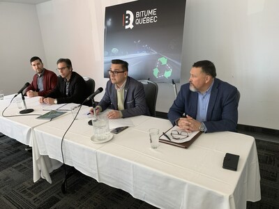 Bitume Quebec President Tytus Zurawski (center), Vice President Serge Lefebvre and Secretary Richard Labelle expressed confidence that the GHG reduction targets set by expert Nicholas Rémillard of NEL-I Environnement would be met to achieve the Zero Emissions standard by 2050. (CNW Group/Bitume Québec)