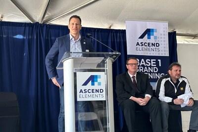 Ascend Elements CEO Mike O'Kronley speaks at the grand opening celebration for the company's first commercial-scale EV battery recycling facility in Covington, Ga. Bob Kosek of Georgia Department of Economic Development and Mike Maupin of Ascend Elements are also pictured.