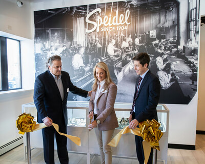 Director of Retail Maggie Cerce (center) cuts the ceremonial ribbon at the grand opening celebration for The Speidel Flagship Store and Watch Repair Center in Providence, RI with Speidel CEO Gennaro Cerce (Left) and Providence Mayor Brett Smiley, after remarks from Mr. Cerce and Mayor Smiley, Thursday, March 30, 2023.