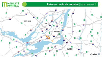Entraves de fin de semaine, 31 mars au 3 avril (Groupe CNW/Ministère des Transports et de la Mobilité durable)