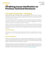 O3 Mining Issues Clarification on Previous Technical Disclosure (CNW Group/O3 Mining Inc.)