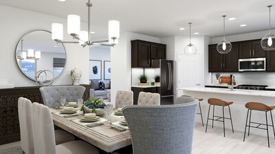 The spacious dining and kitchen area of the Copper model, a two-bed, two-bath floorplan with a two-car garage. The model is available for virtual tours. (CNW Group/Mattamy Homes Limited)