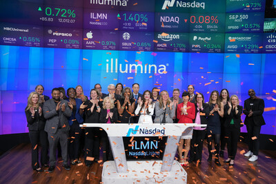 To kickoff its 25th anniversary celebration, Illumina employees, leaders and customers gathered in New York's Times Square on March 30 to ring the Nasdaq Stock Market Closing Bell. (Photography courtesy of Nasdaq, Inc.)