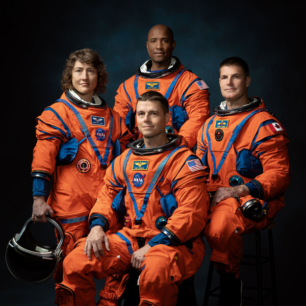 The crew of NASA’s Artemis II mission (left to right): NASA astronauts Christina Hammock Koch, Reid Wiseman (seated), Victor Glover, and Canadian Space Agency astronaut Jeremy Hansen. Credits: NASA.