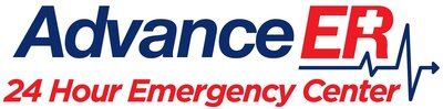 Advance ER 24 Hour Emergency Center logo featuring the word ‘Advance’ in blue, ‘ER’ in red with a medical cross, and a heartbeat line graphic extending to the right, with ‘24 Hour Emergency Center’ written in red below. (PRNewsfoto/Advance ER)