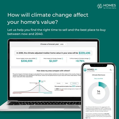 Climate Alpha HOMES is the first free Web- and mobile site offering climate-adjusted homes valuations for every year from now until 2040. Visit homes.climatealpha.ai and enter an address or ZIP code to learn instantly learn how much more — or less — your home will be worth due to climate change.