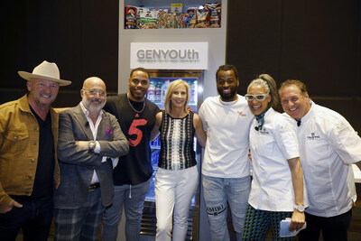 GENYOUth, a national nonprofit organization which creates healthier school communities, today announced that the collective impact of the Taste of the NFL philanthropic event totaled $1.8 million, which will benefit over 700 schools and 385,000 students by increasing access to 100 million school meals to foster student nutrition security. Pictured (left to right) are Chef Tim Love, Chef Andrew Zimmern, NFL Legend Rashad Jennings, GENYOUth CEO Ann Marie Krautheim, Pittsburgh Steelers Star Running Back Najee Harris, Chef Carla Hall, and Chef Mark Bucher.