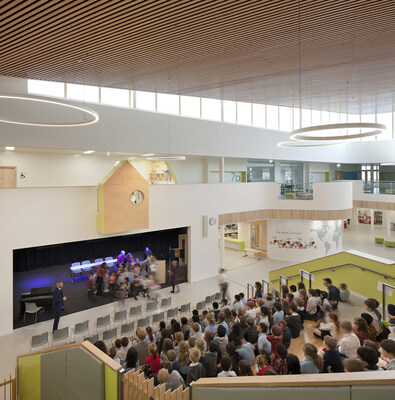 Organic design elements afford softer forms, as seen in this middle school auditorium in Grand Rapids, Michigan.