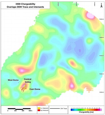 Figure 2 Chargeability at altitude 3500 m level (400 m from surface) of the Carangas Project. The Central Valley anomaly perfectly overlays the gold mineralization system. All other anomalies are yet to be drill tested. (CNW Group/New Pacific Metals Corp.)