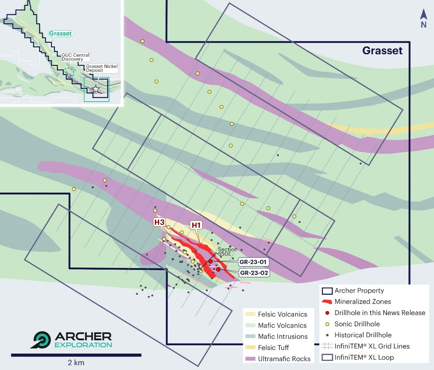 Figure 1: Grasset Pilot Hole Locations, Proposed Sonic Drill Holes, Geophysical Survey Coverage (CNW Group/Archer Exploration Corp) Figure 1: Grasset Pilot Hole Locations, Proposed Sonic Drill Holes, Geophysical Survey Coverage (CNW Group/Archer Exploration Corp)