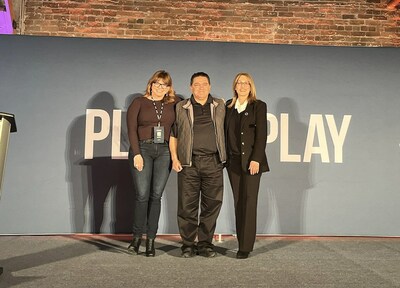 Saeed Amidi, Founder and CEO of Plug and Play (center), stands with Dani Napier, Senior Director, AI Integration of Intel (left), and Sandra Watson, President and CEO of the Arizona Commerce Authority (right) during the Plug and Play Arizona launch event.