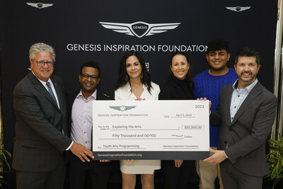 (left to right) Peter Lanzavecchia, vice chair, Genesis Inspiration Foundation Board of Directors and president/owner, Genesis of Cherry Hill, Tedros Mengiste, board member, Genesis Inspiration Foundation Board of Directors and vice president of sales operations, Genesis Motor America, Claudia Marquez, chief operating officer, Genesis Motor North America, Cheri Walsh, board president, Exploring the Arts, Dayven Martinez, student, Exploring the Arts, John Guastaferro, executive director, Genesis Inspiration Foundation in New York on March 5, 2023 (Photo/Genesis)