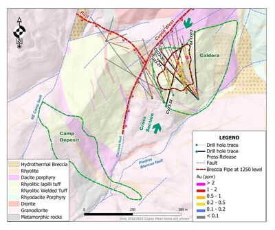 Figure 1. Plan map showing location of the Camp, Cuyes, and Cuyes West deposits and the outline of the new breccia pipe at the 1,250-metre elevation level. (CNW Group/Luminex Resources Corp.)