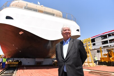 Viking Chairman Torstein Hagen with the Viking Aton during the ship’s float out ceremony in Cairo. The traditional float out ceremony took place at Massara shipyard in Cairo on Tuesday, April 4, 2023, and is significant because it denotes a ship moving into its final stage of construction. For more information, visit www.viking.com.